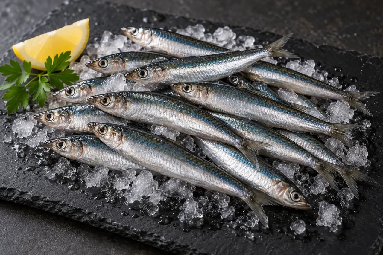 Whole raw anchovies on ice