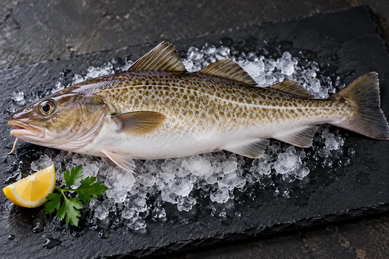 Whole raw cod on ice