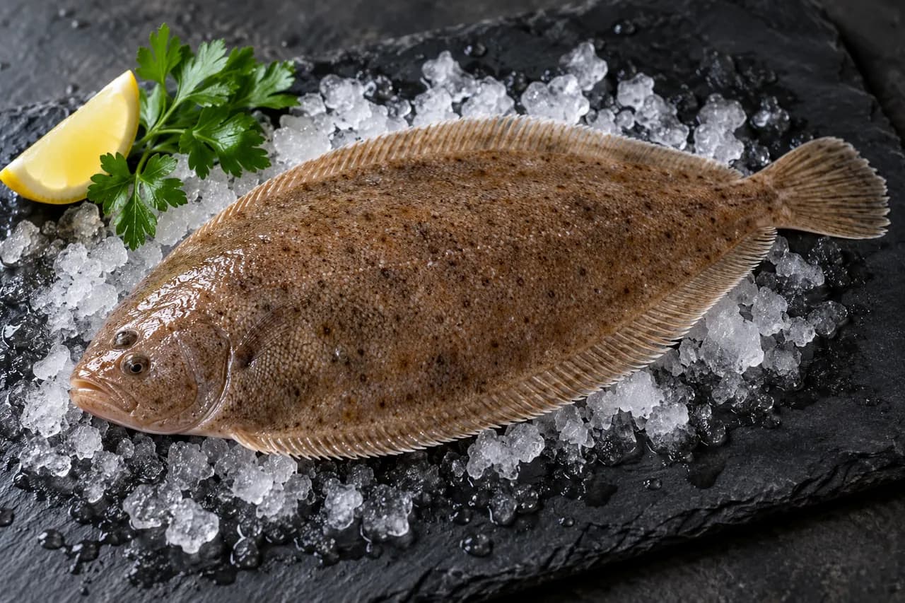 Whole raw sole on ice