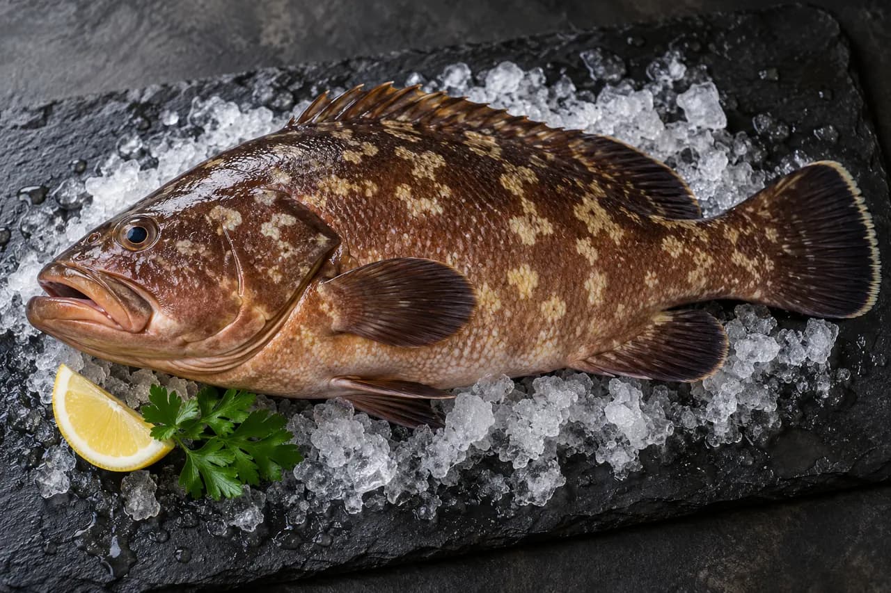 Whole raw dusky grouper on ice