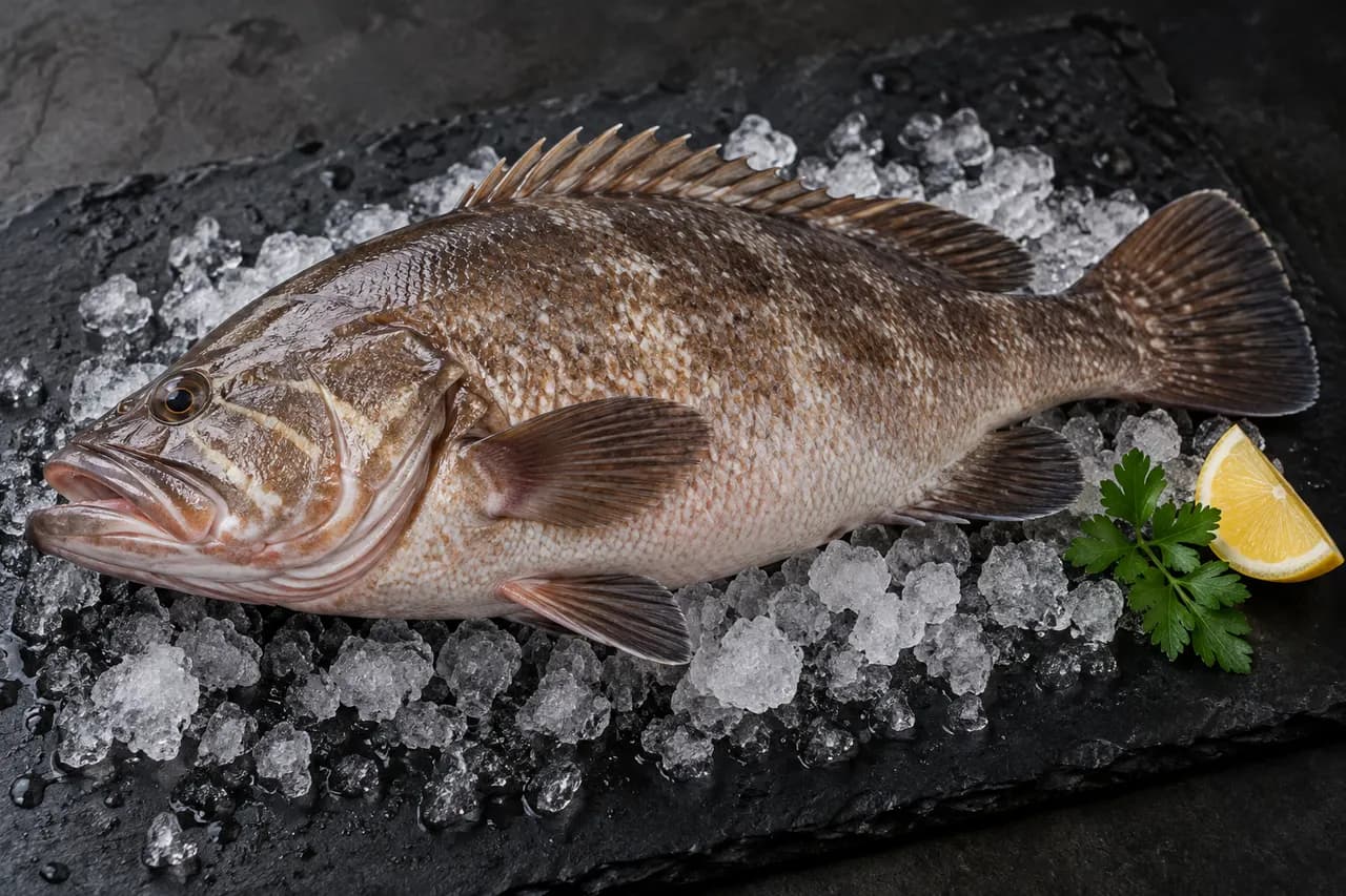 Whole raw grouper on ice
