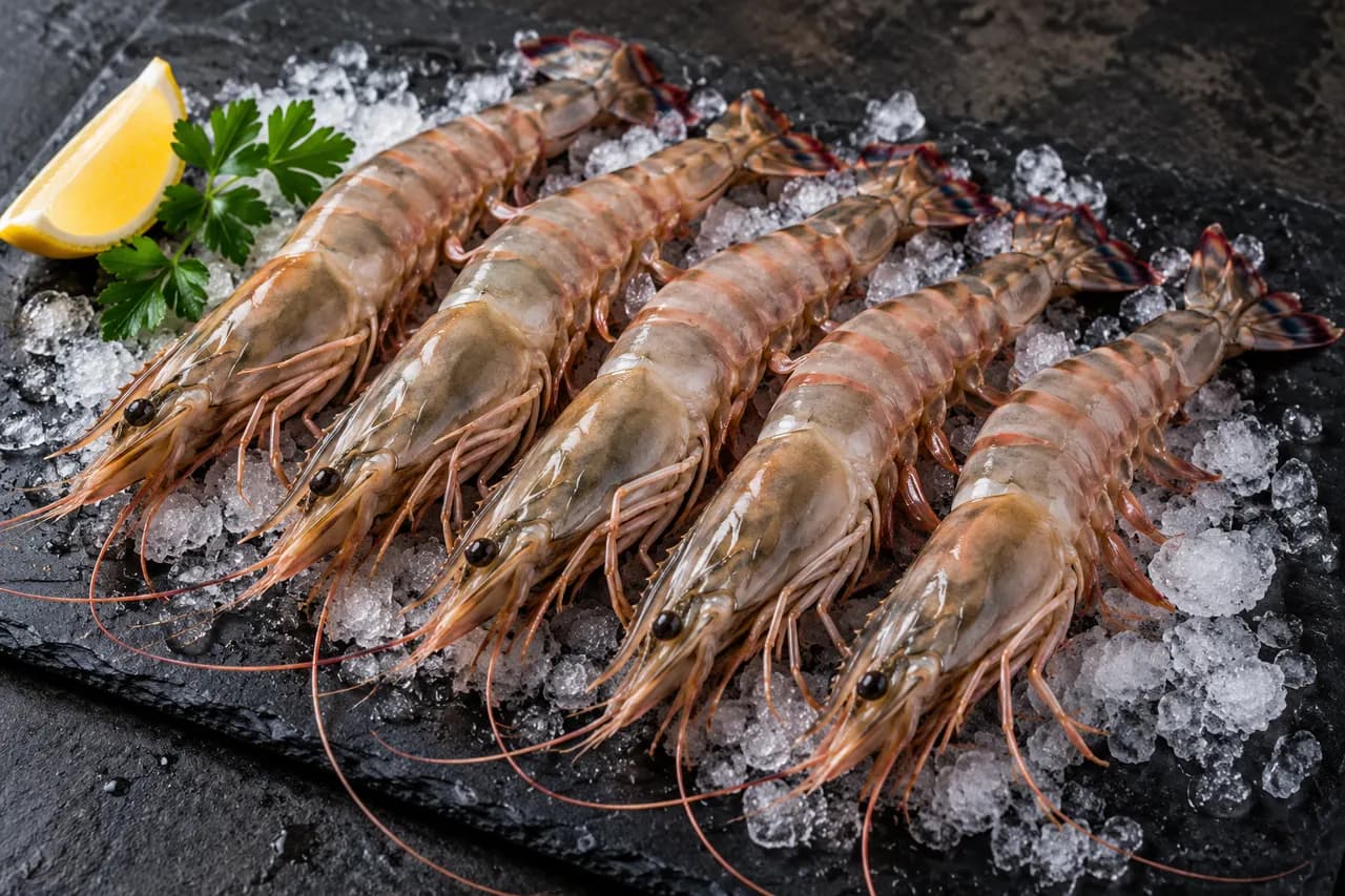 Raw jumbo prawns on ice