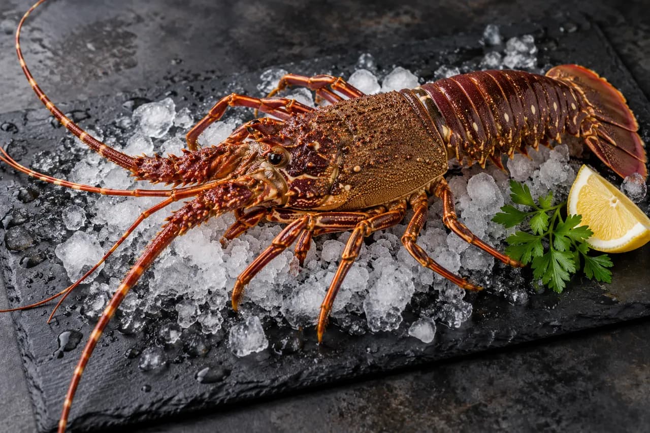 Whole Mediterranean spiny lobster on ice