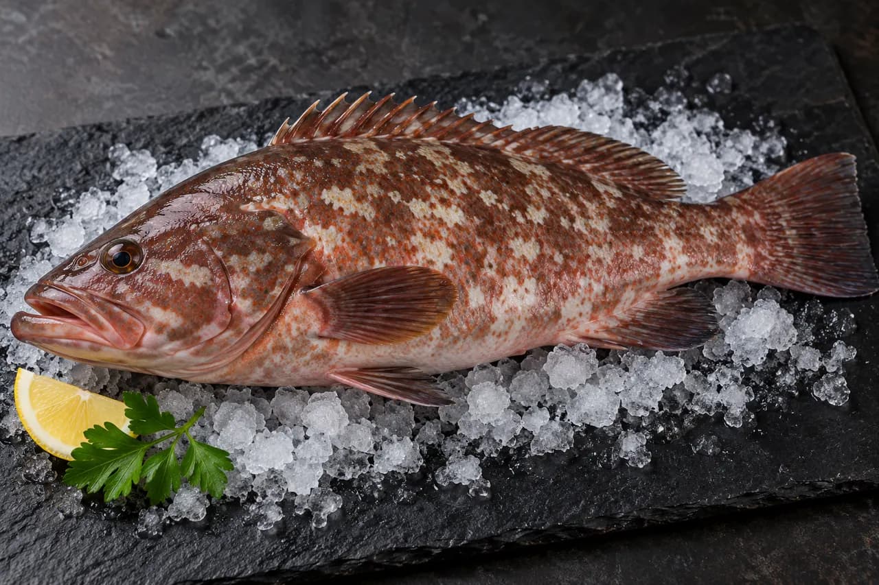 Whole raw mottled grouper on ice
