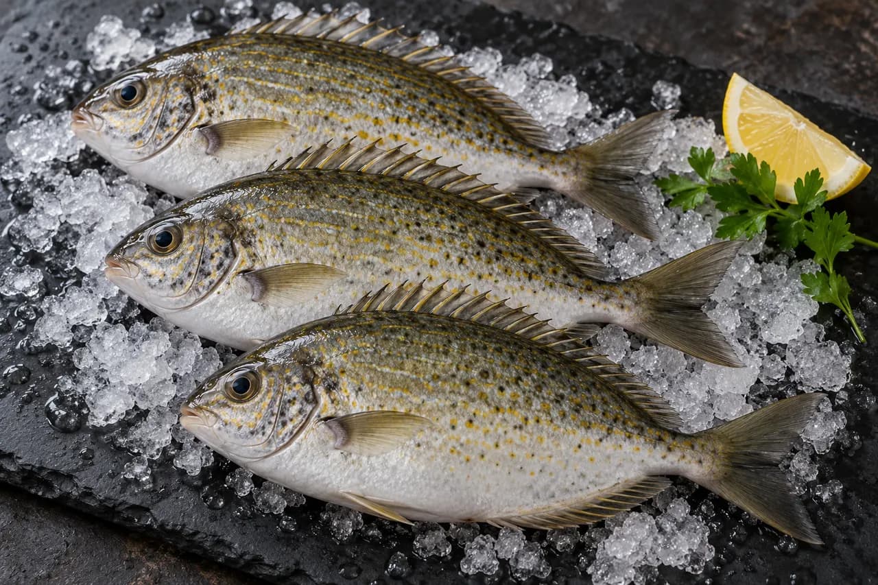 Whole raw rabbitfish (kourkounes) on ice