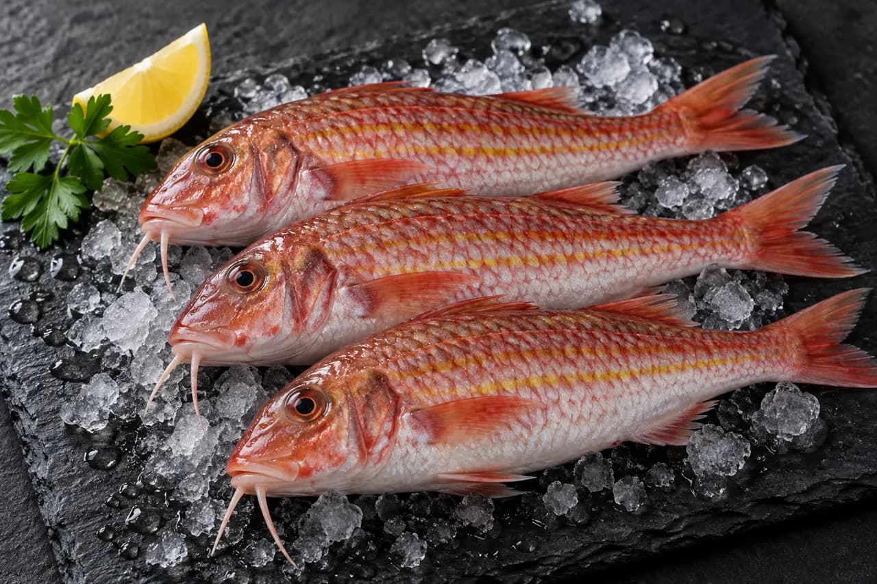 Whole raw red mullets on ice