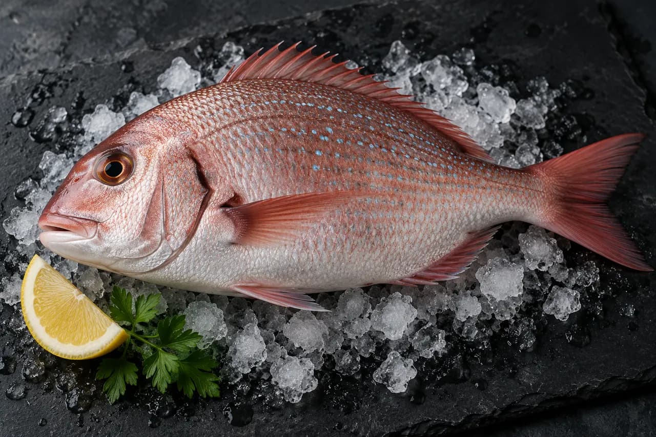 Whole raw red porgy (fagri) on ice