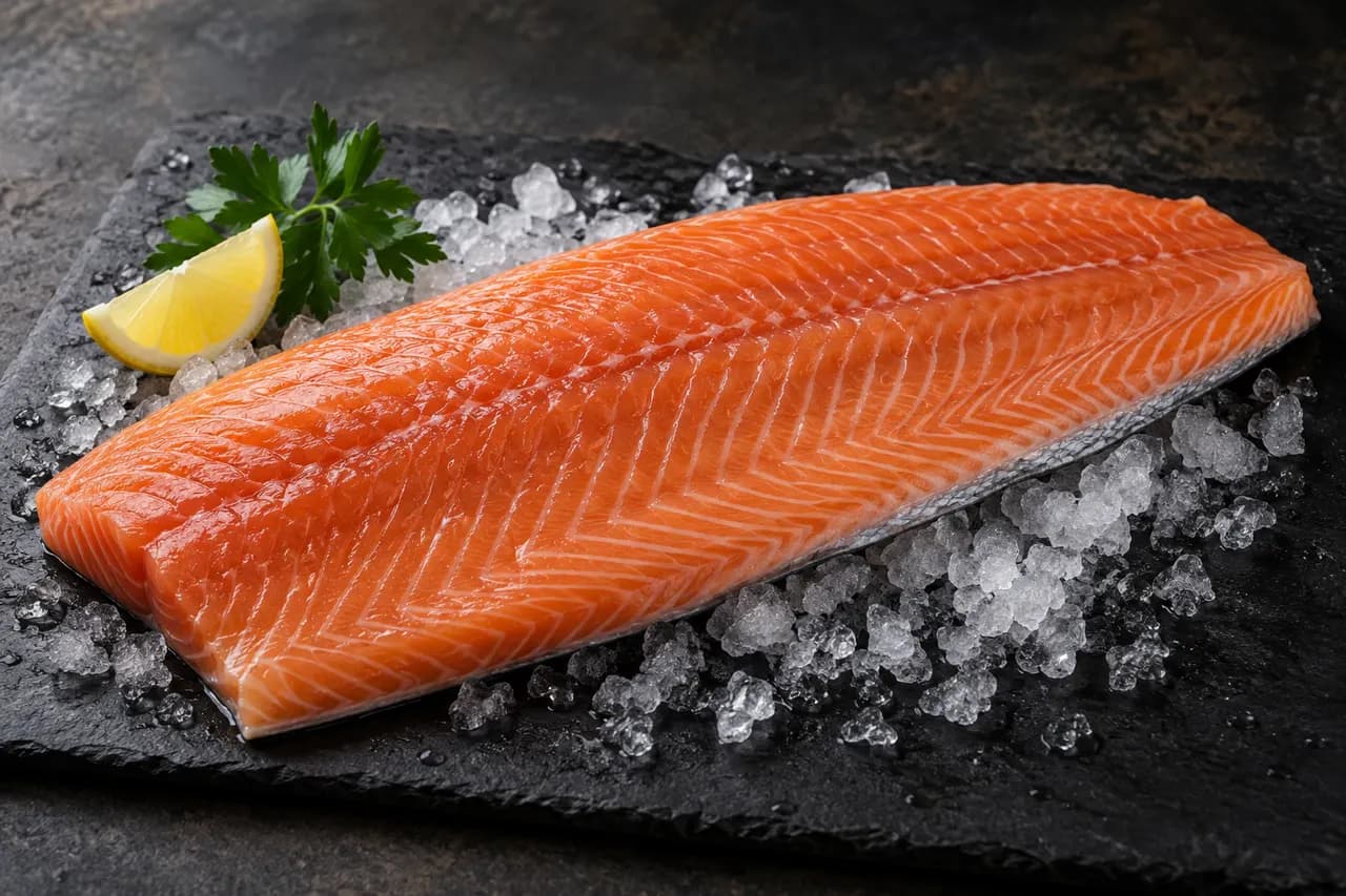 Raw salmon fillet on ice