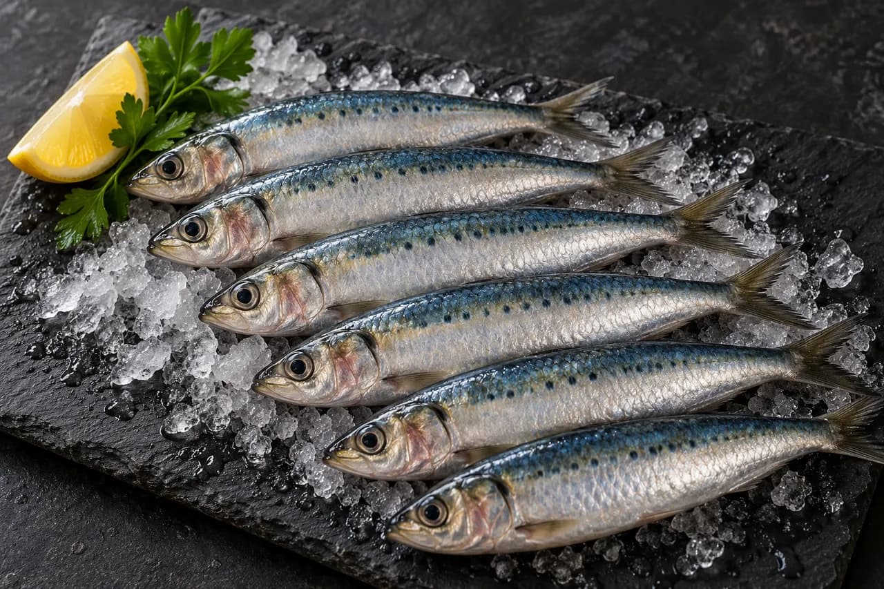 Whole raw sardines on ice