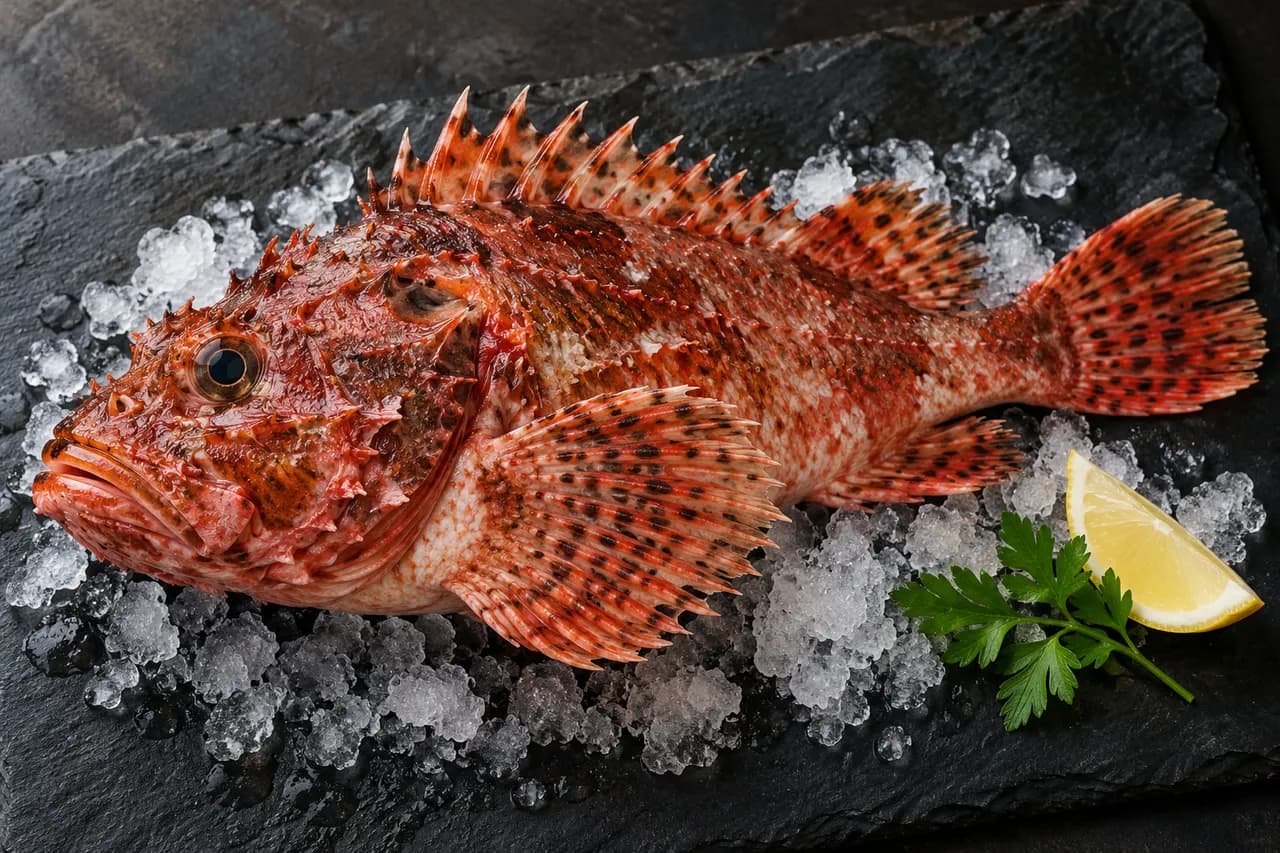 Whole raw red scorpionfish on ice