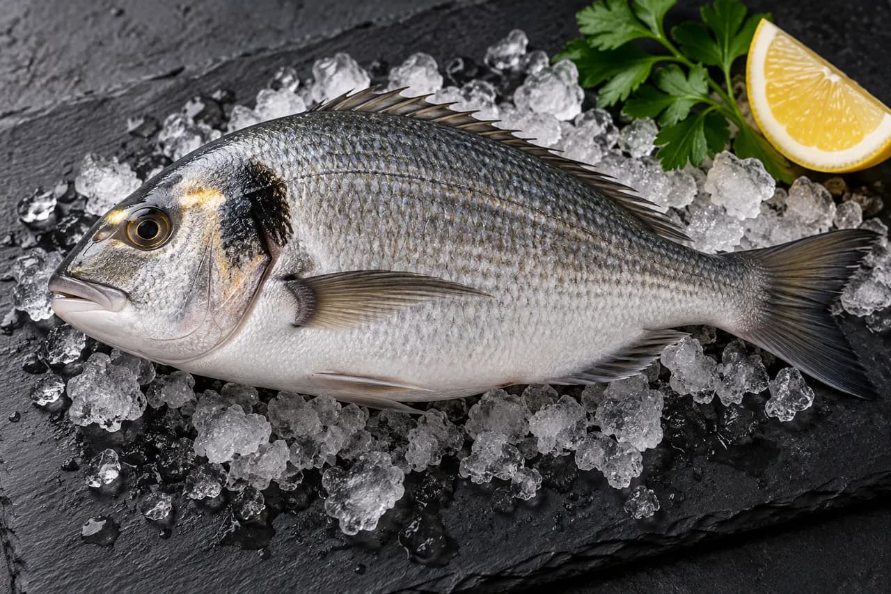 Whole raw gilthead sea bream on ice