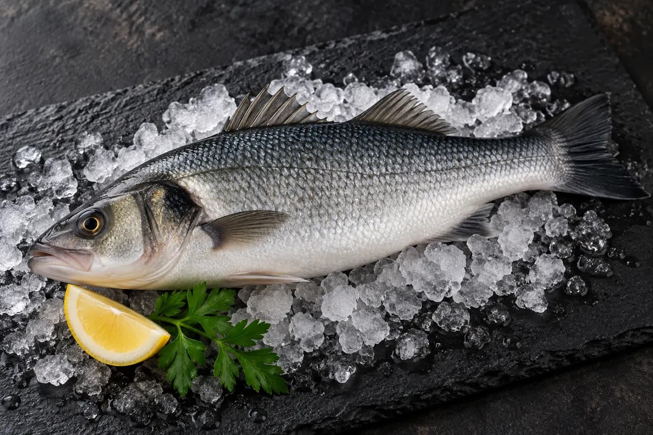 Whole raw European seabass on ice