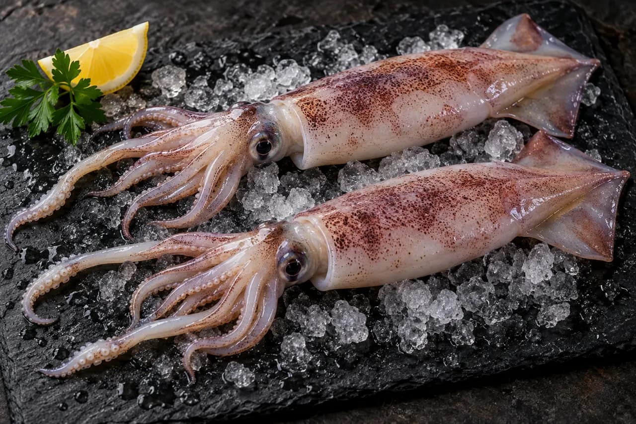 Whole raw squid on ice