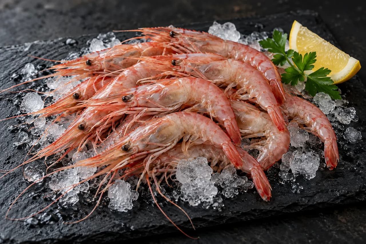 Raw Thermaikos shrimp on ice