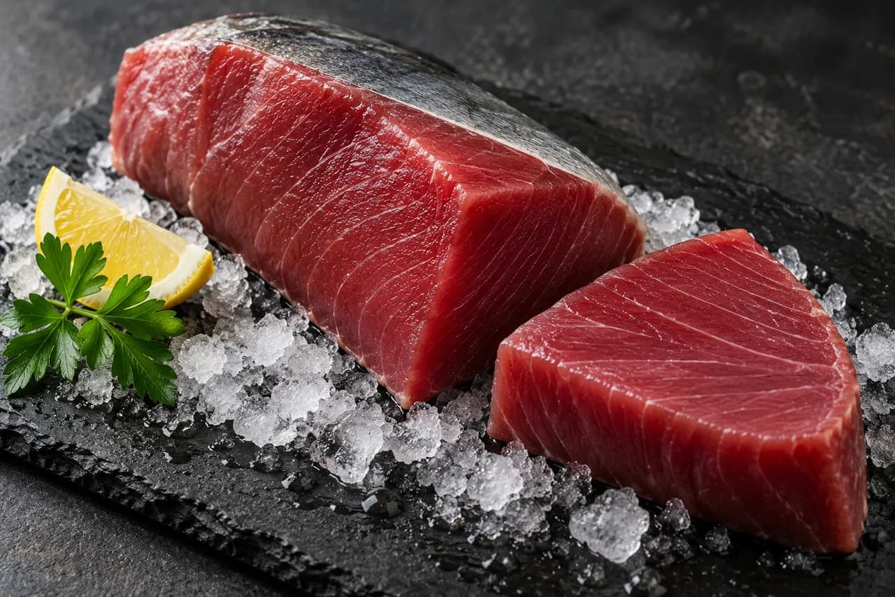 Raw bluefin tuna loin on ice