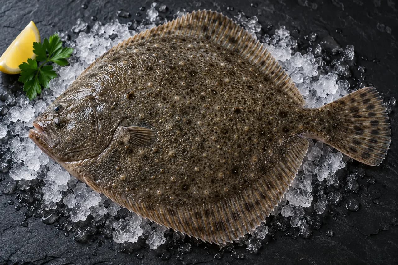 Whole raw turbot on ice