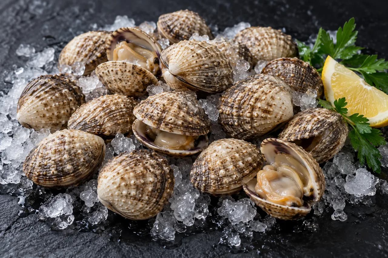 Fresh warty venus clams on ice
