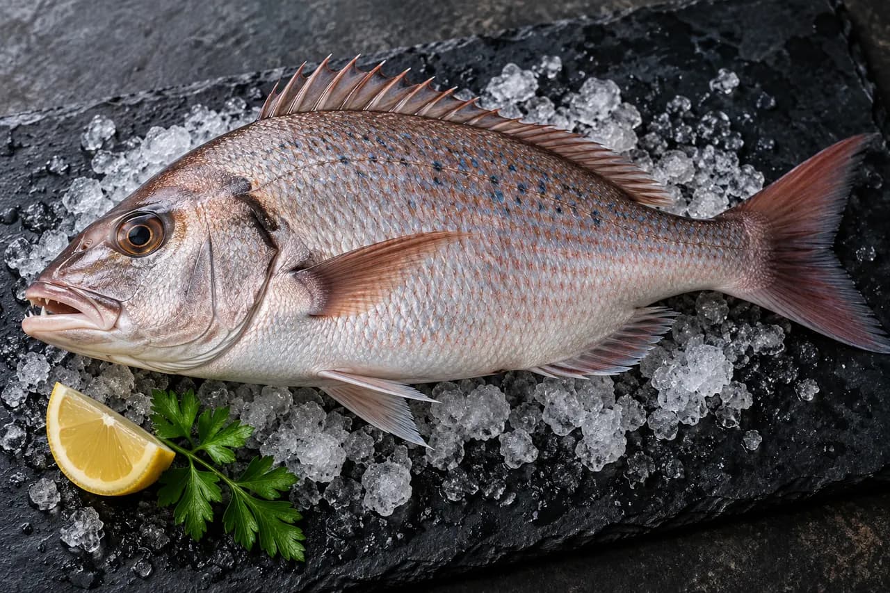 Whole raw dentex on ice