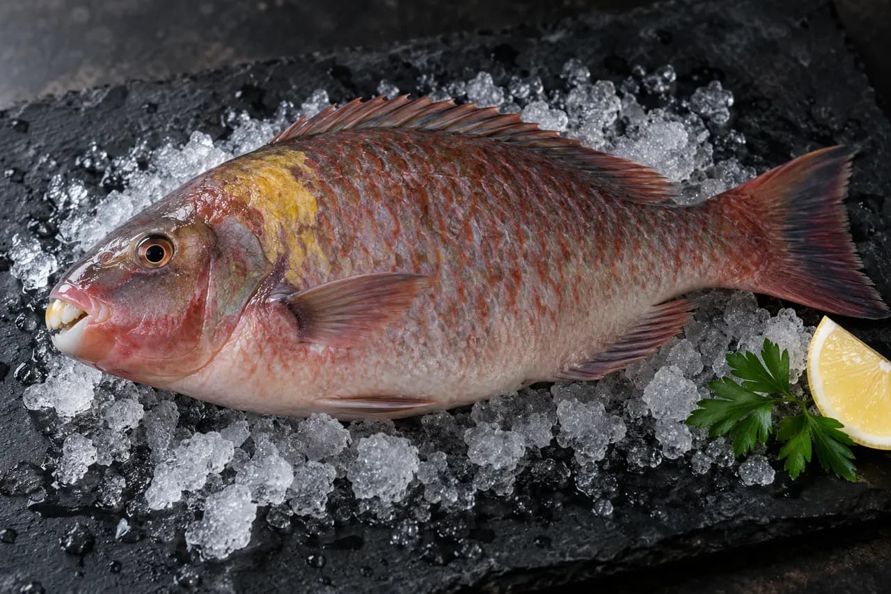 Whole raw parrotfish on ice