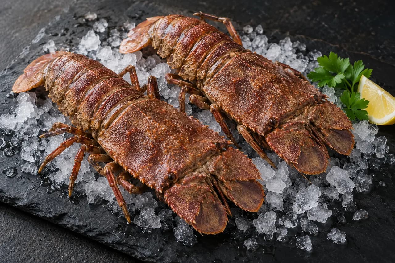 Whole Mediterranean slipper lobsters on ice