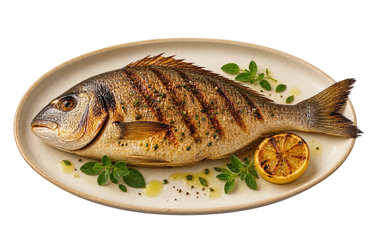 Illustrative whole grilled sea bream served with lemon and oregano on an ivory platter